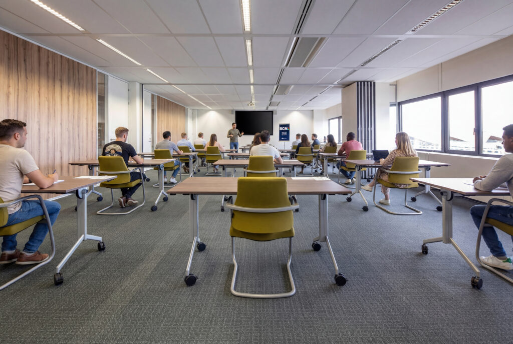 Deelnemers volgen een training in een moderne, ruime opleidingszaal met losse tafels en stoelen.